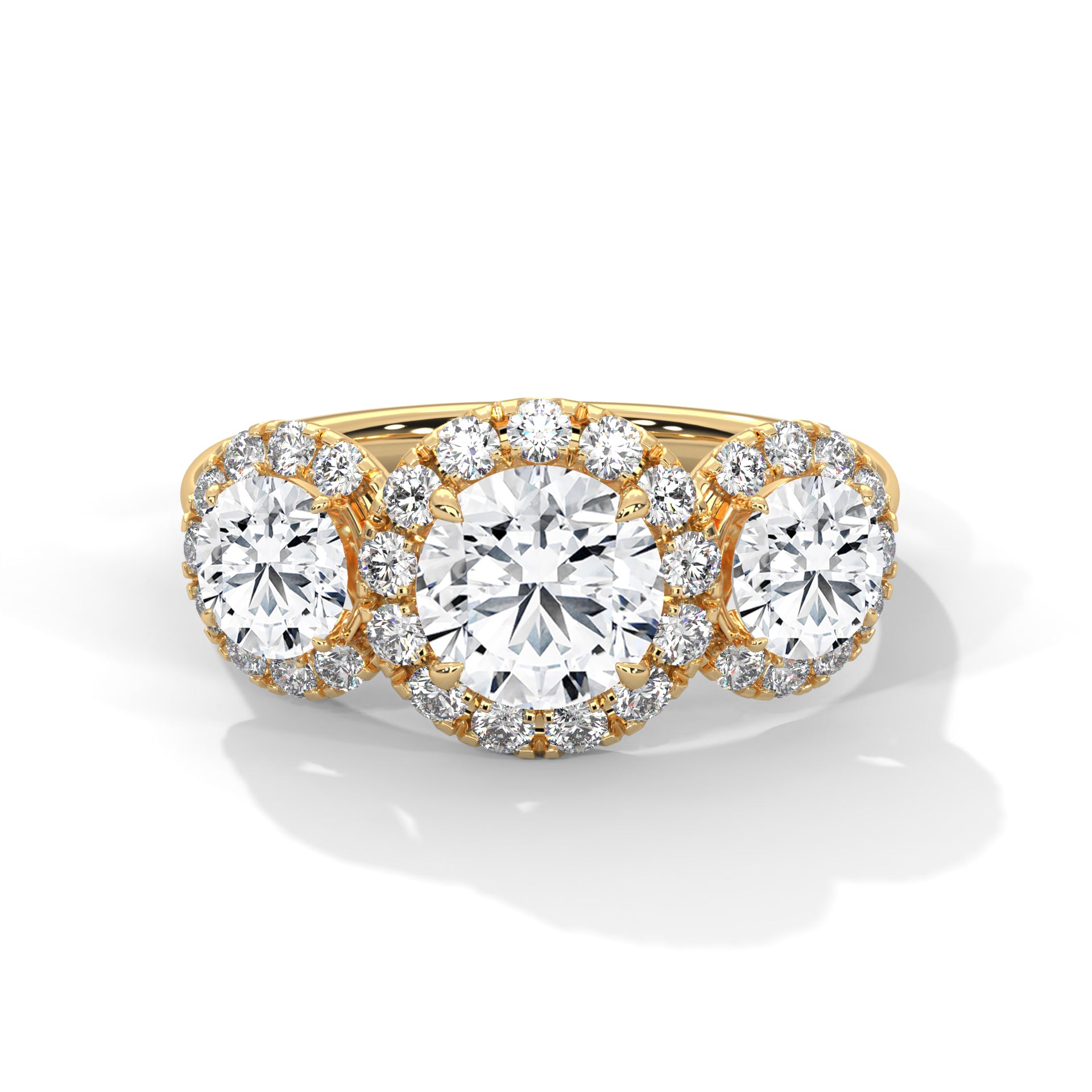 Gold ring with a central diamond and smaller diamonds on a white background