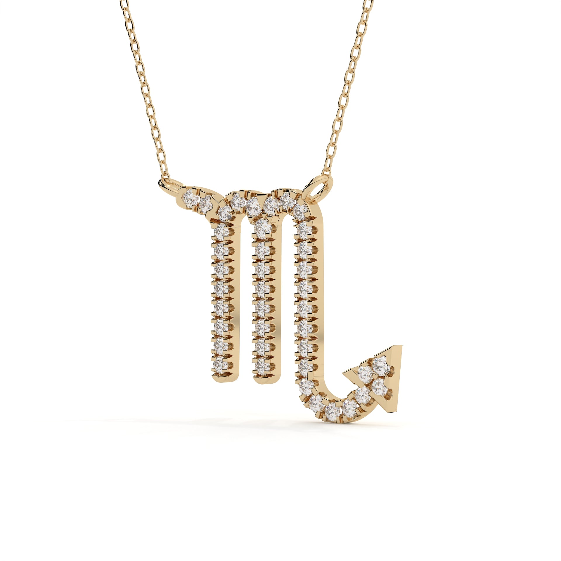 Gold necklace with a zodiac sign pendant on a white background