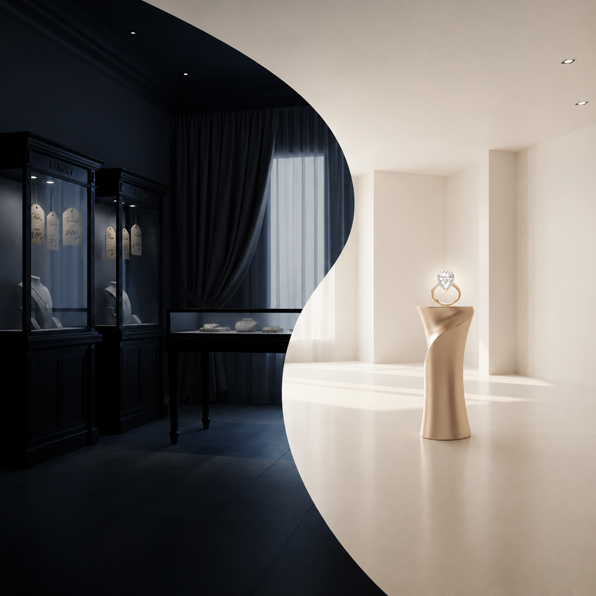 Modern interior with a jewelry display on a stand