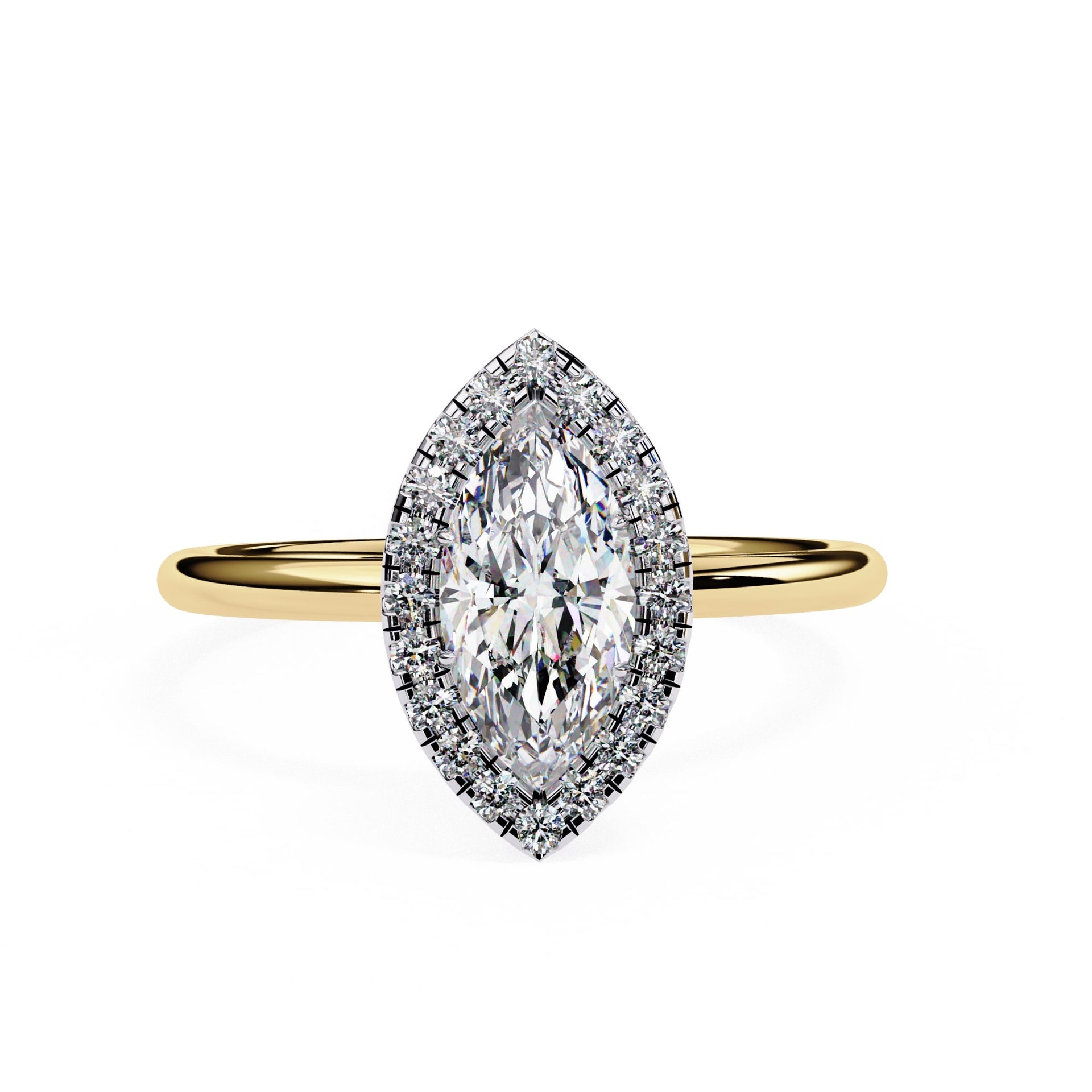 Gold ring with a marquise-shaped diamond on a white background
