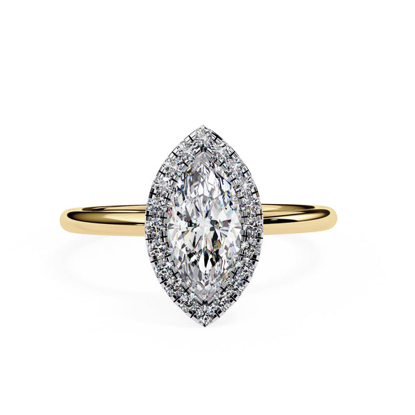 Gold ring with a marquise-shaped diamond on a white background