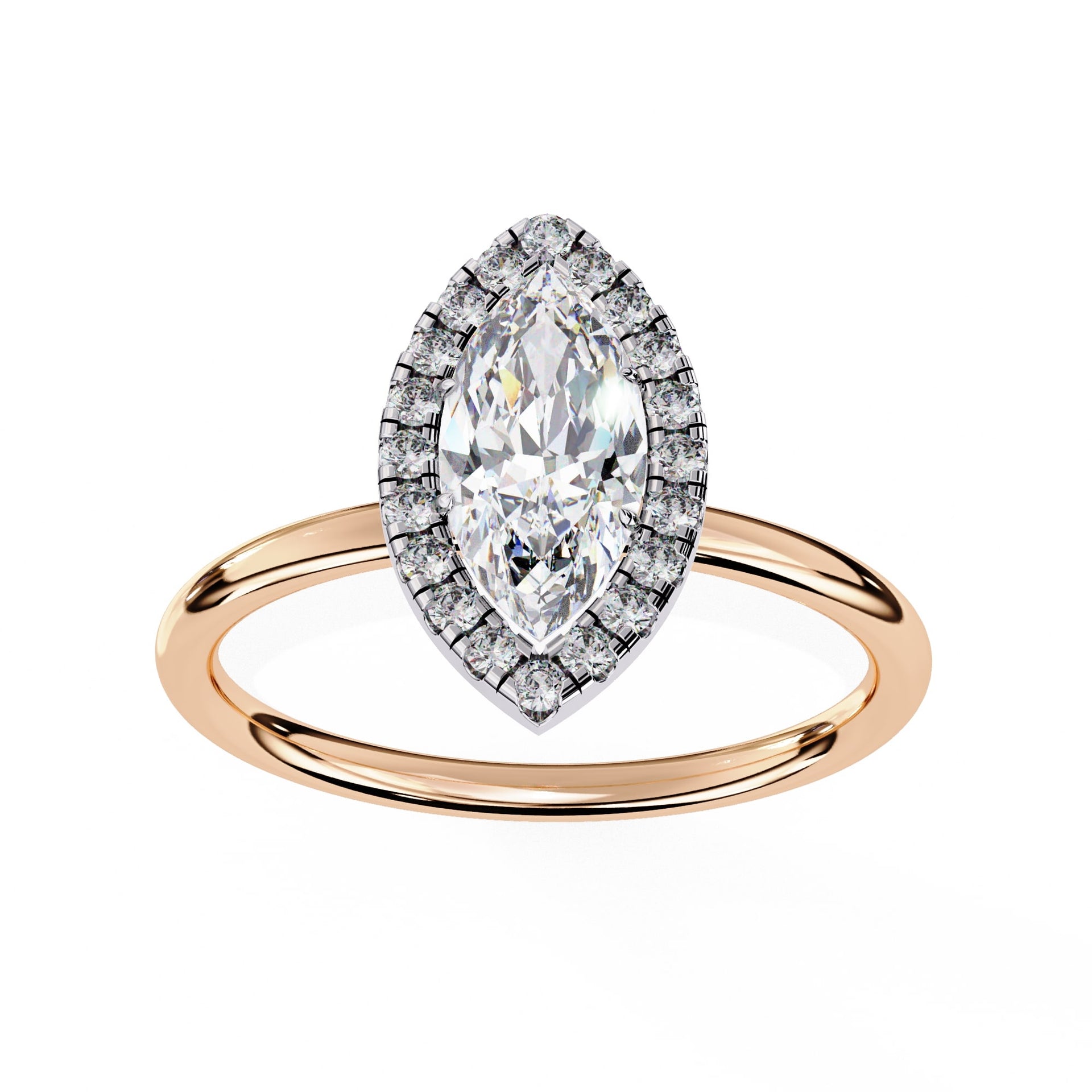 Rose gold ring with a pear-shaped diamond and smaller diamonds on a white background