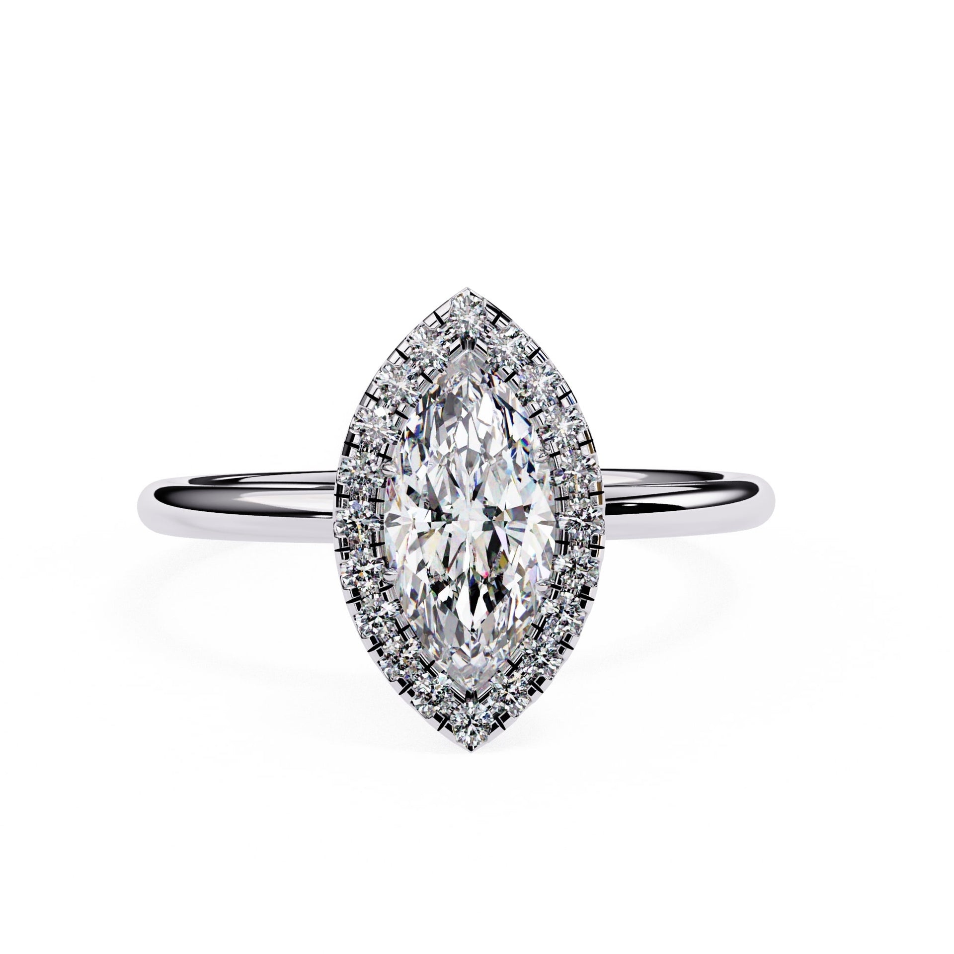 Diamond ring with a marquise-shaped center stone on a white background