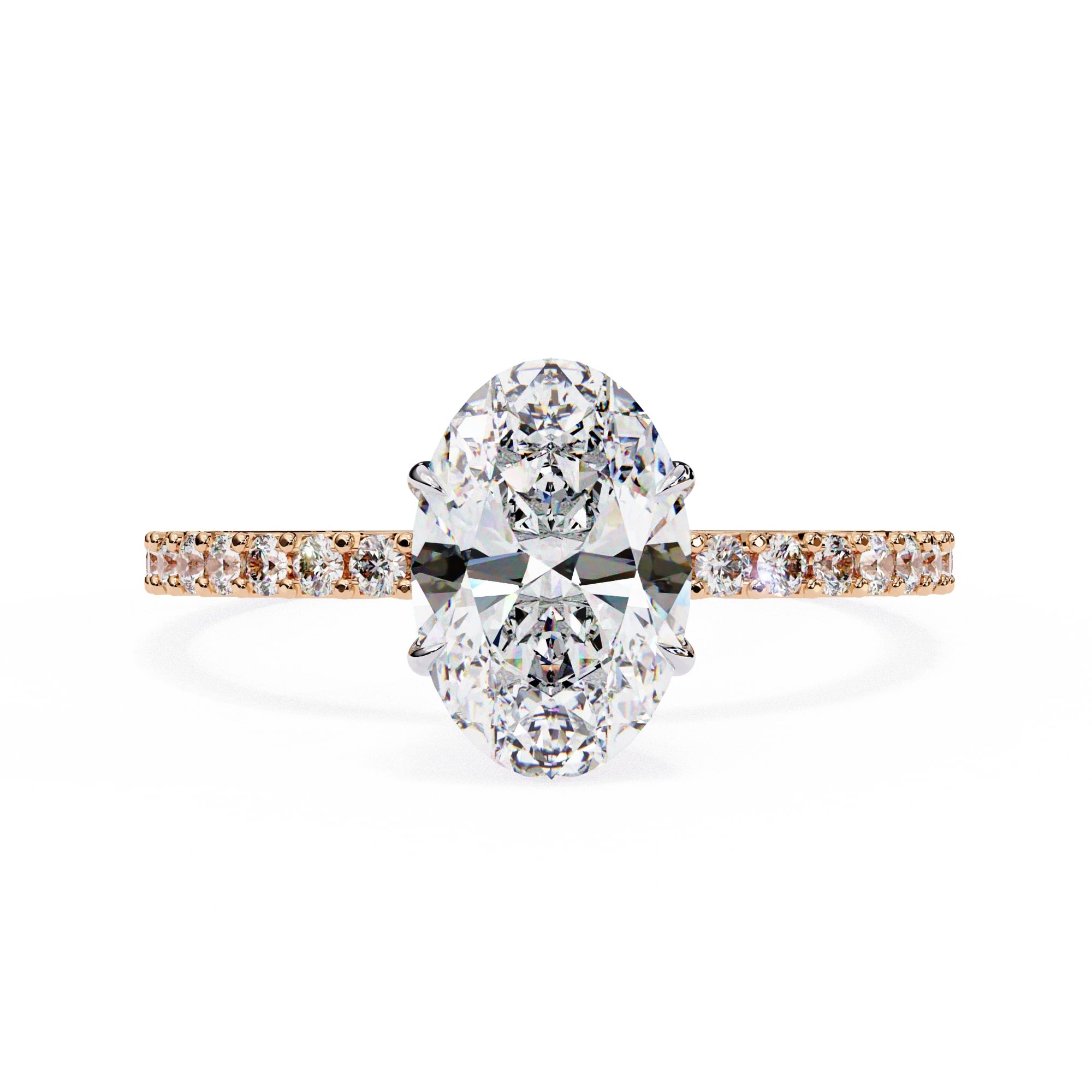 Diamond ring with rose gold band on a white background