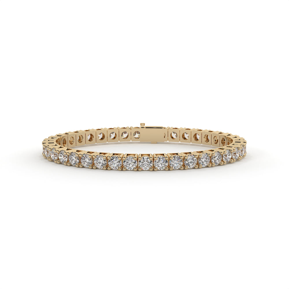 Round cut lab grown diamond tennis bracelet with prong-set stones and secure clasp in Yellow Gold