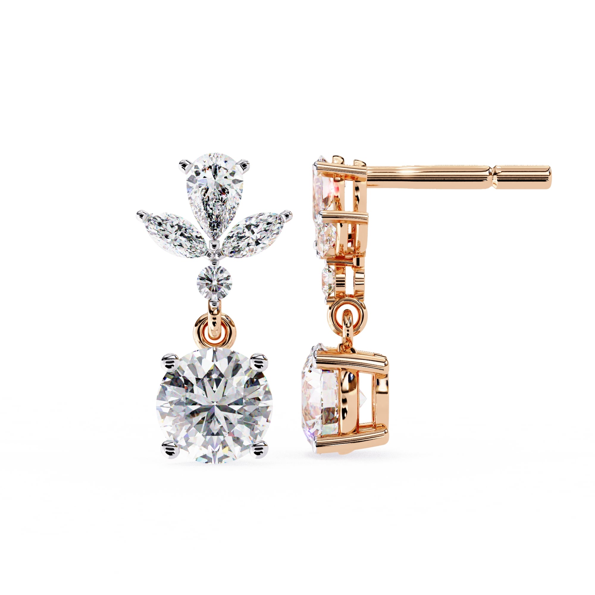 Rose gold diamond earrings on a white background