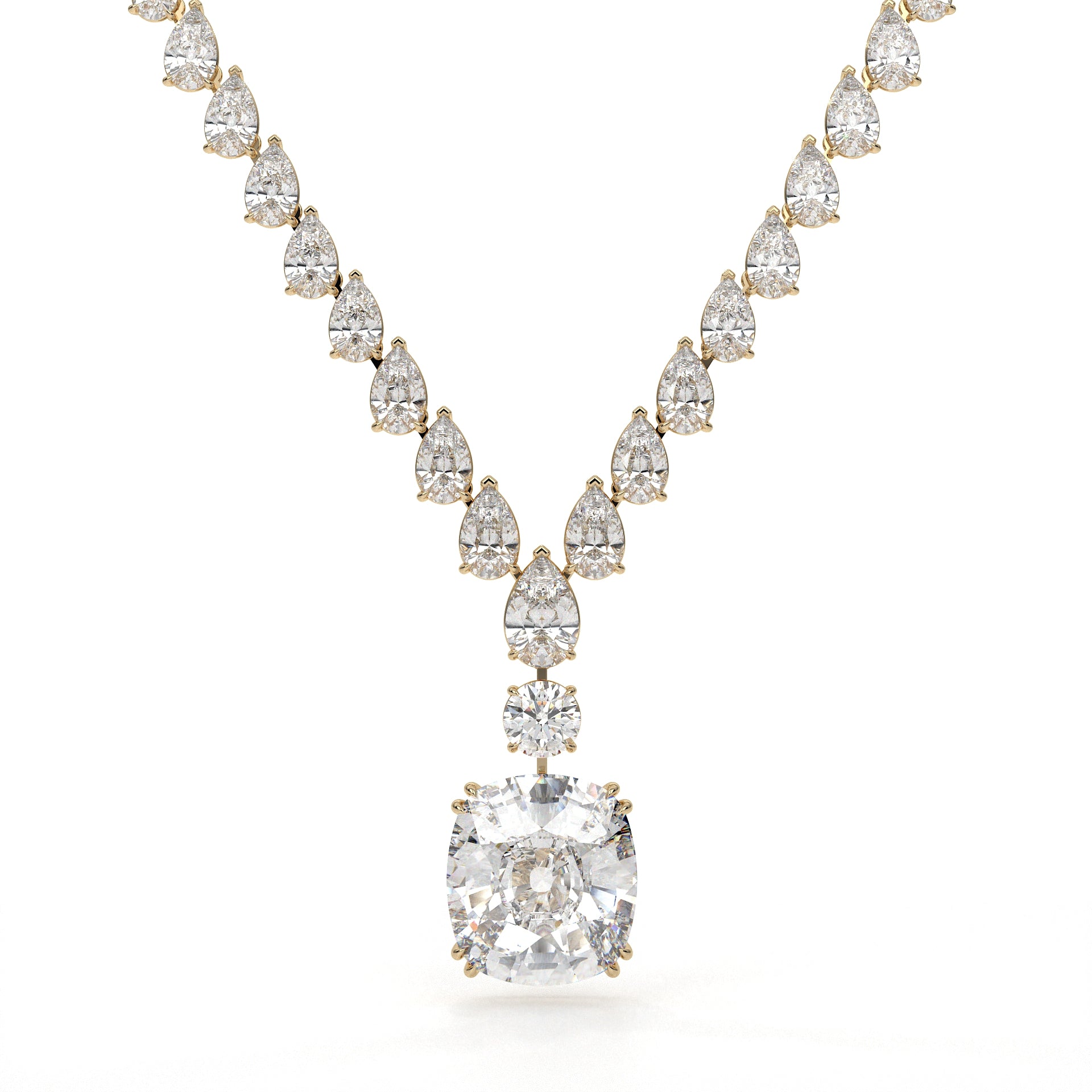 Diamond necklace with a large central gemstone on a white background