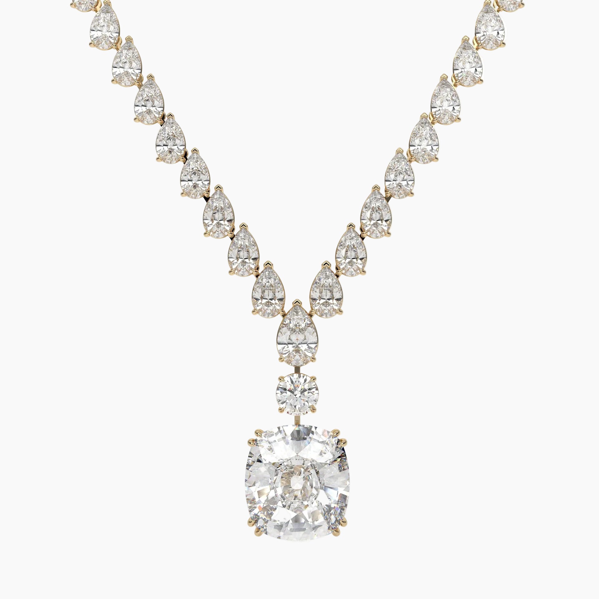 Diamond necklace with a large central gemstone on a white background