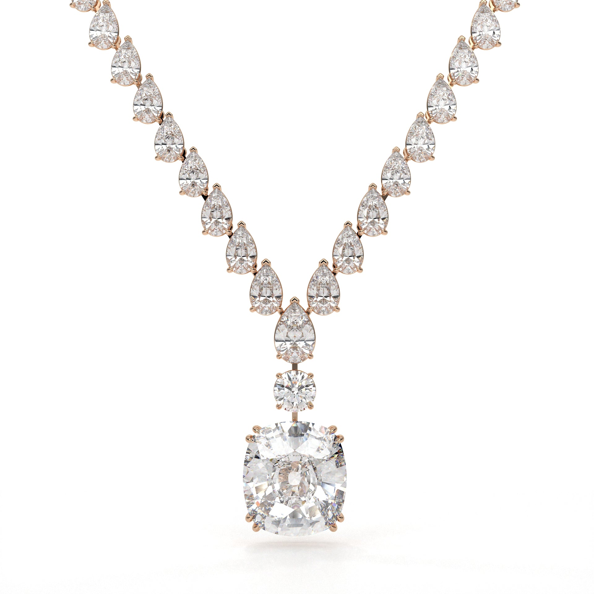 Diamond necklace with a large central gemstone on a white background