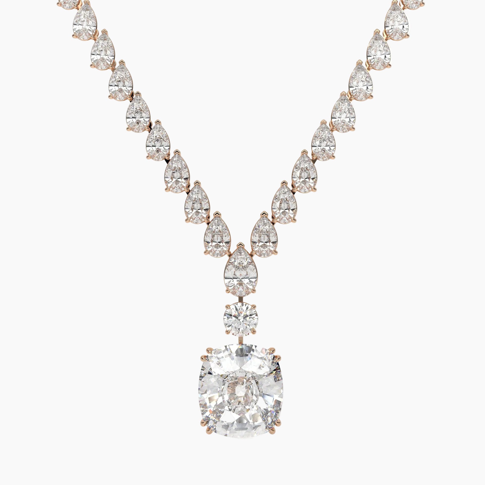Diamond necklace with a large central gemstone on a white background