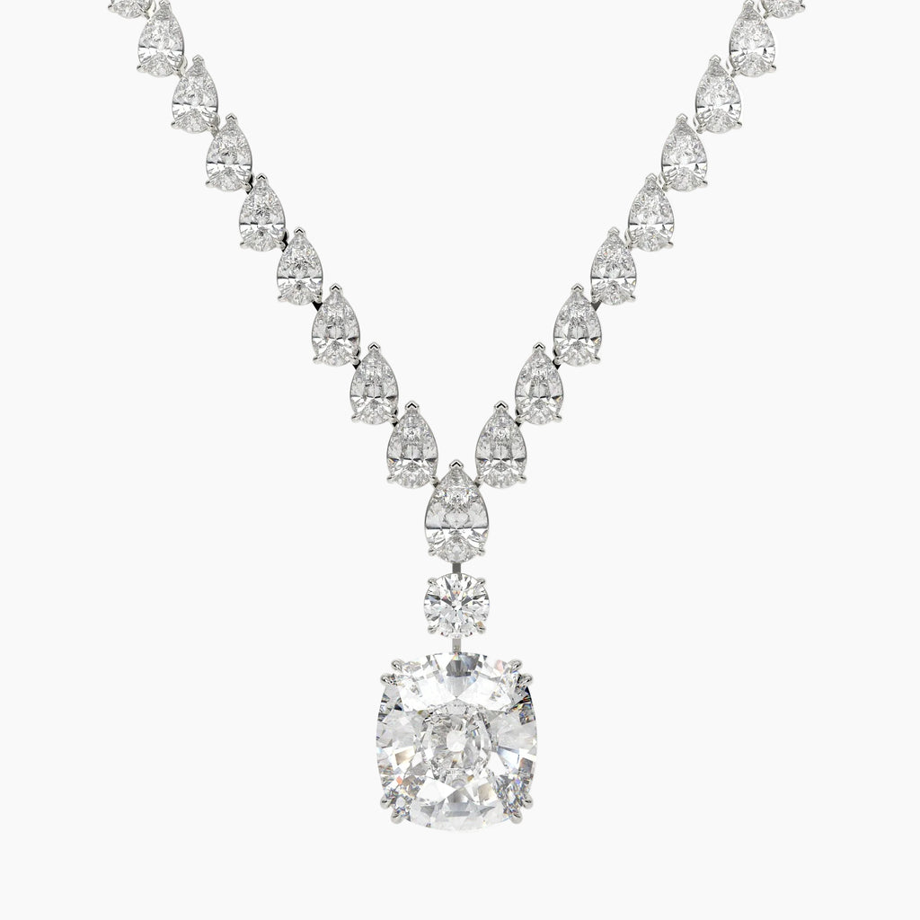Diamond necklace with a large central gemstone and smaller stones on a white background