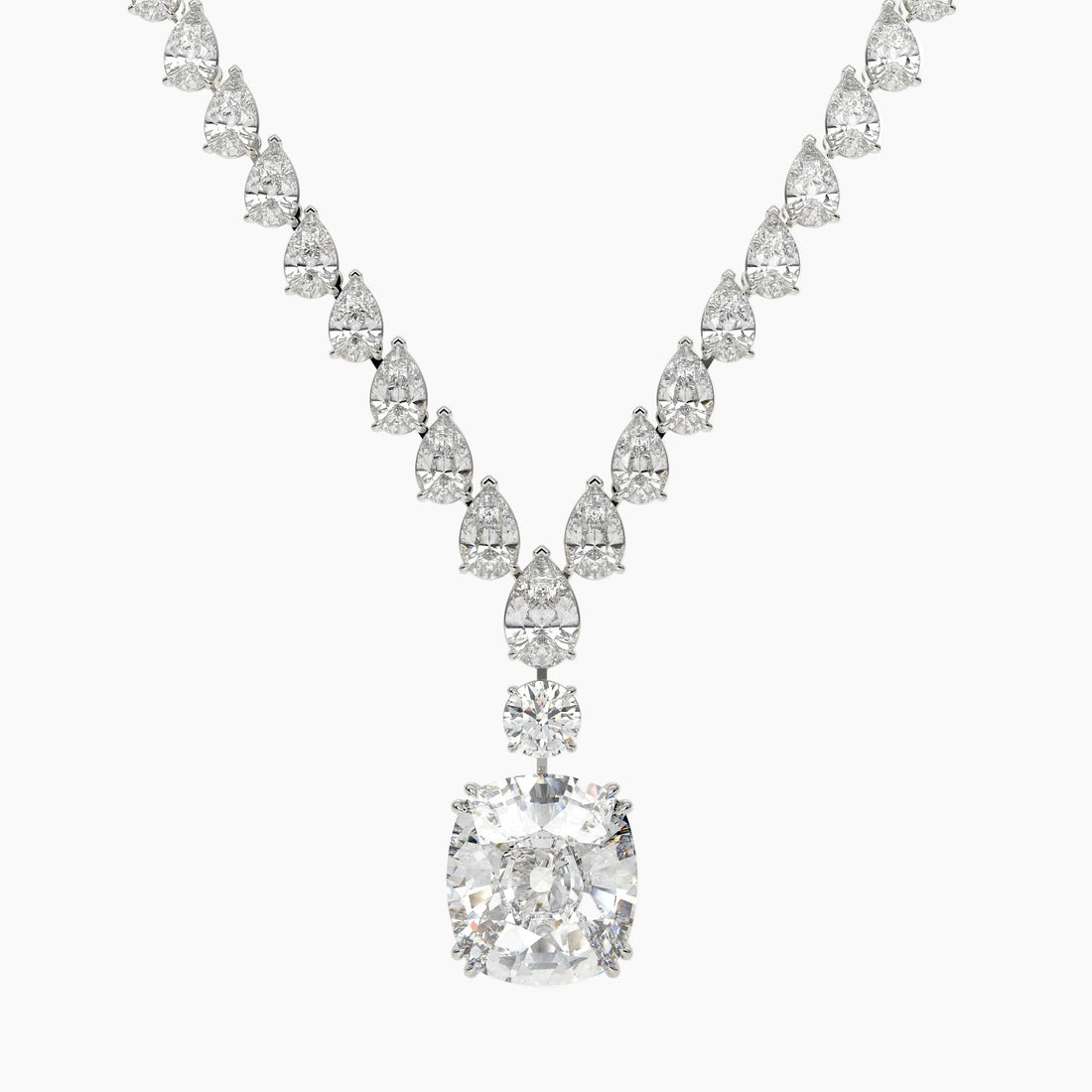 Diamond necklace with a large central gemstone and smaller stones on a white background