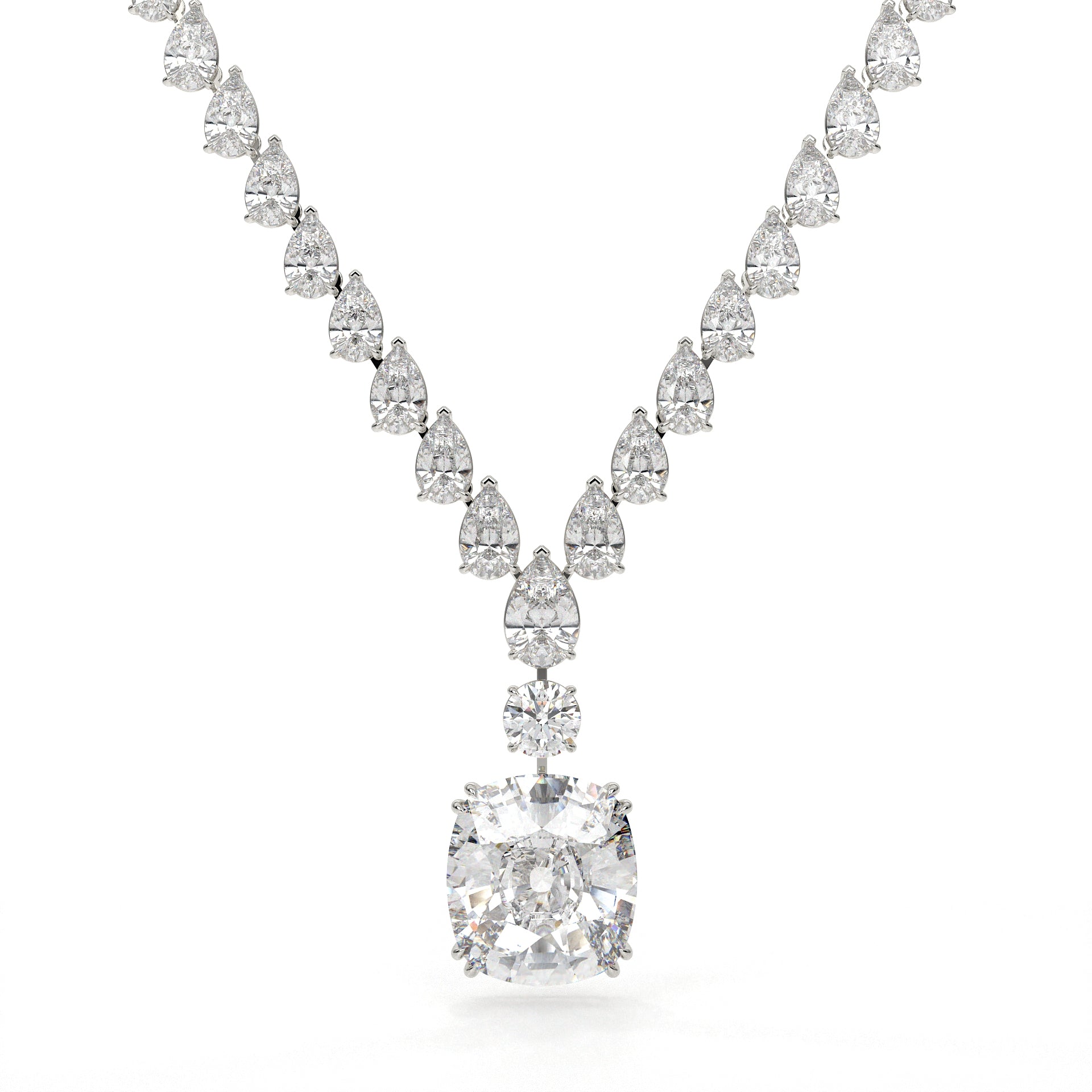 Diamond necklace with a large central gemstone and smaller stones on a white background