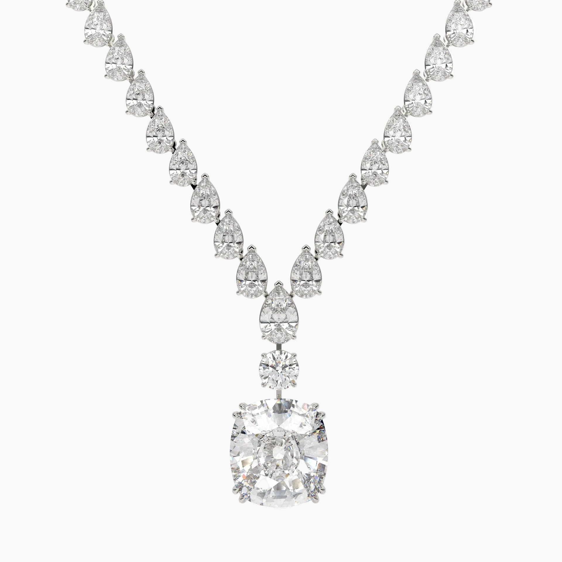 Diamond necklace with a large central gemstone and smaller stones on a white background