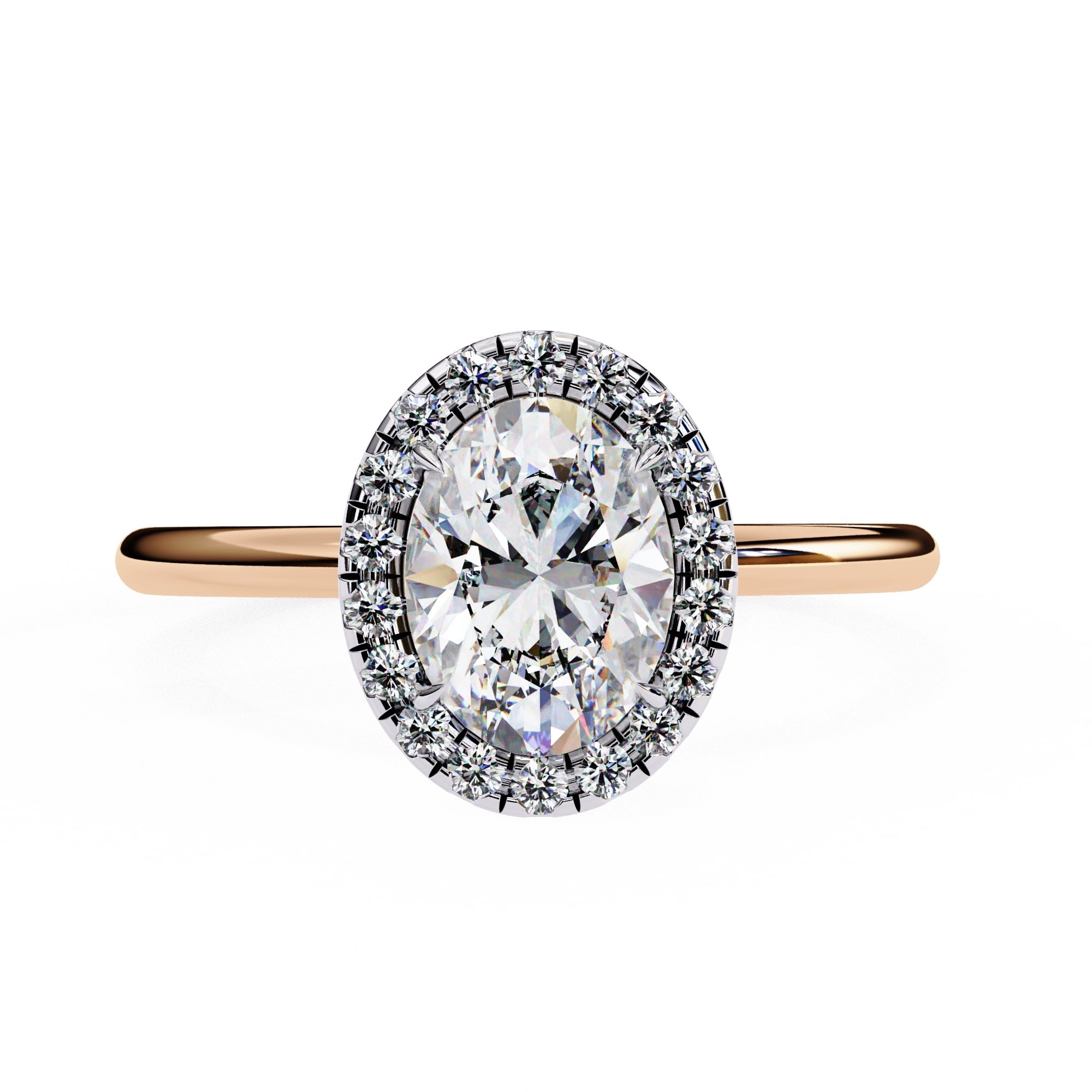 Diamond ring with rose gold band on a white background