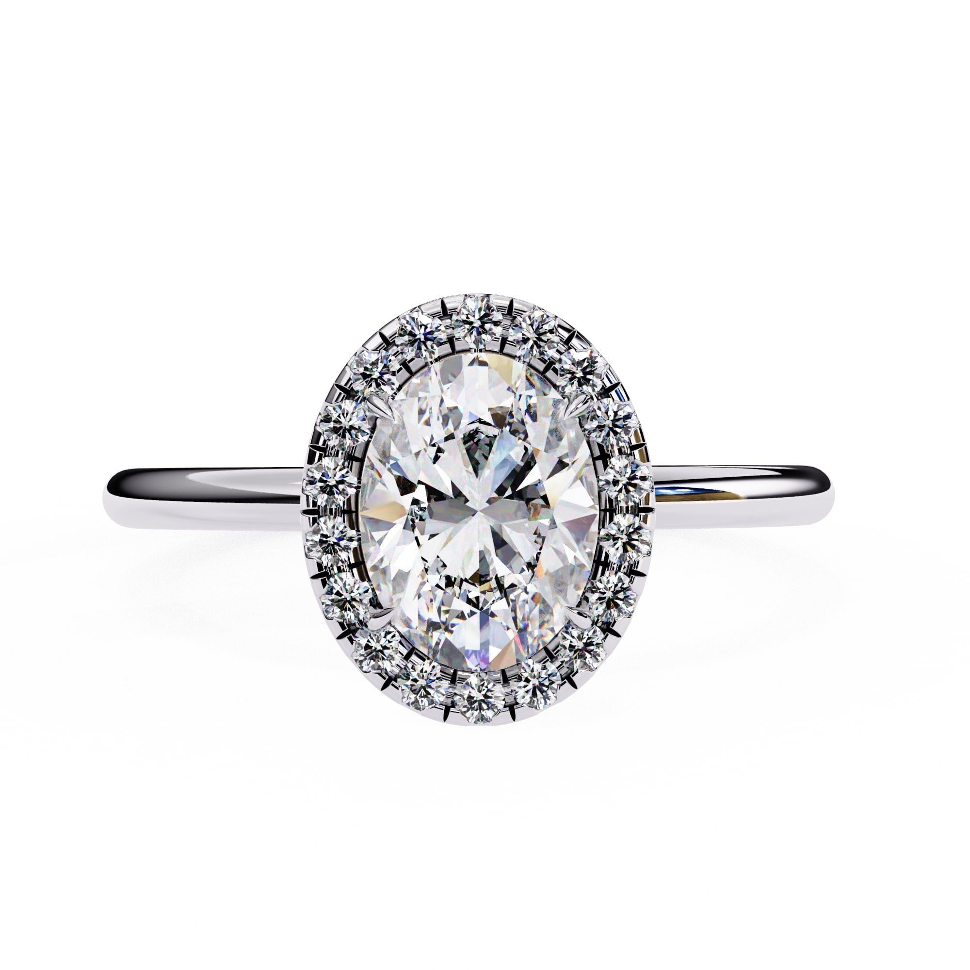 Diamond ring with a halo on a white background