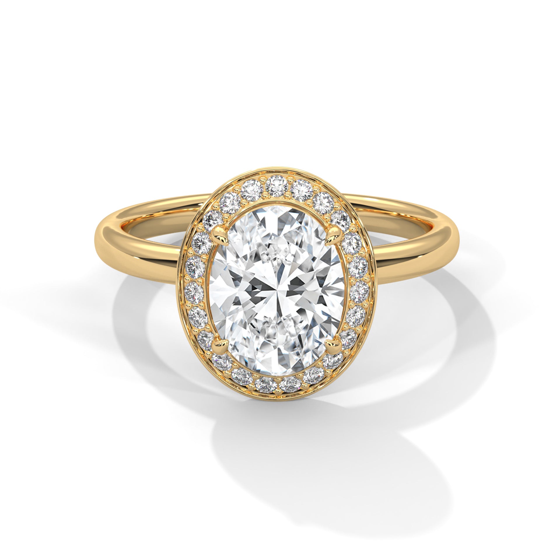 Gold ring with a large diamond and smaller diamonds around on a white background