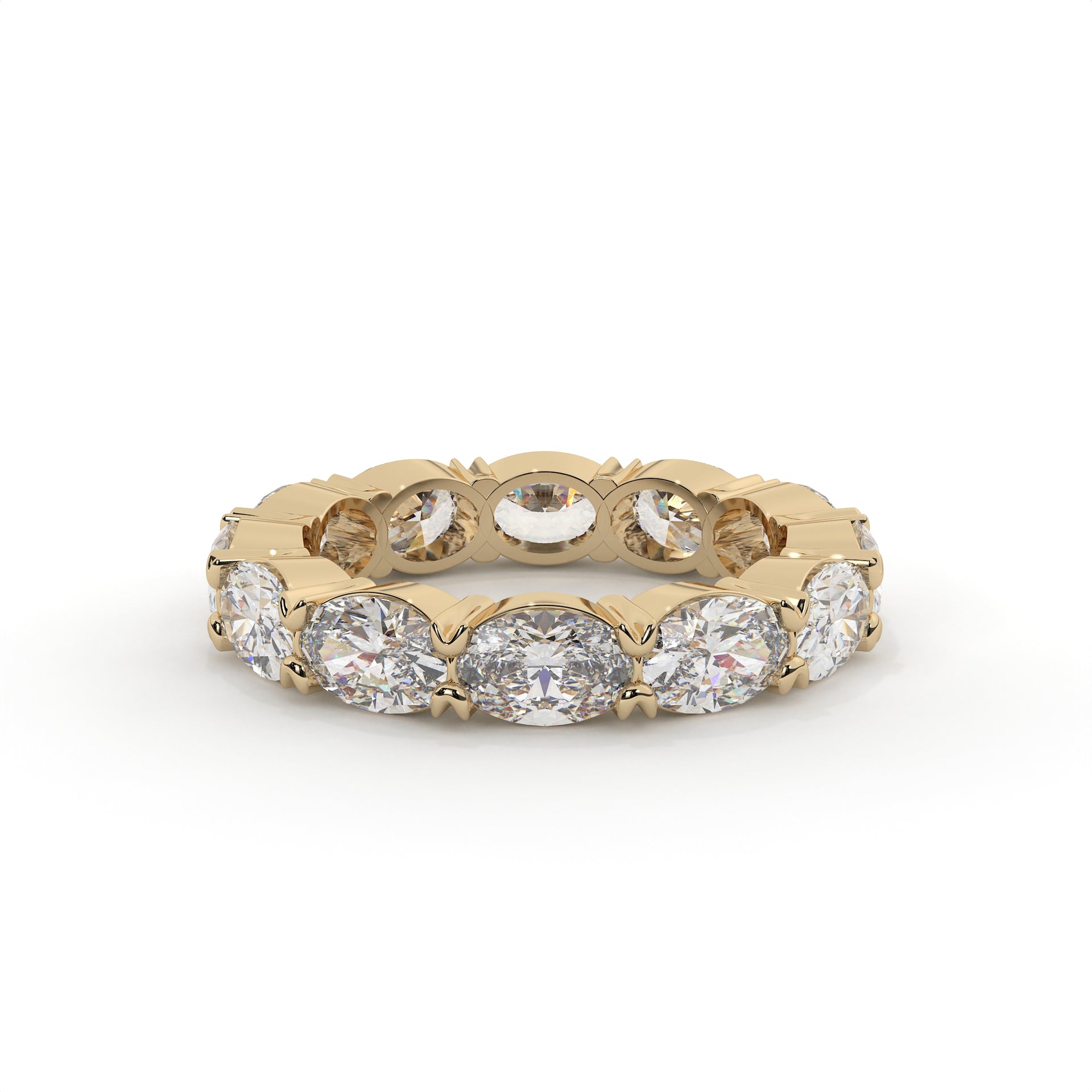 Gold ring with embedded diamonds on a white background
