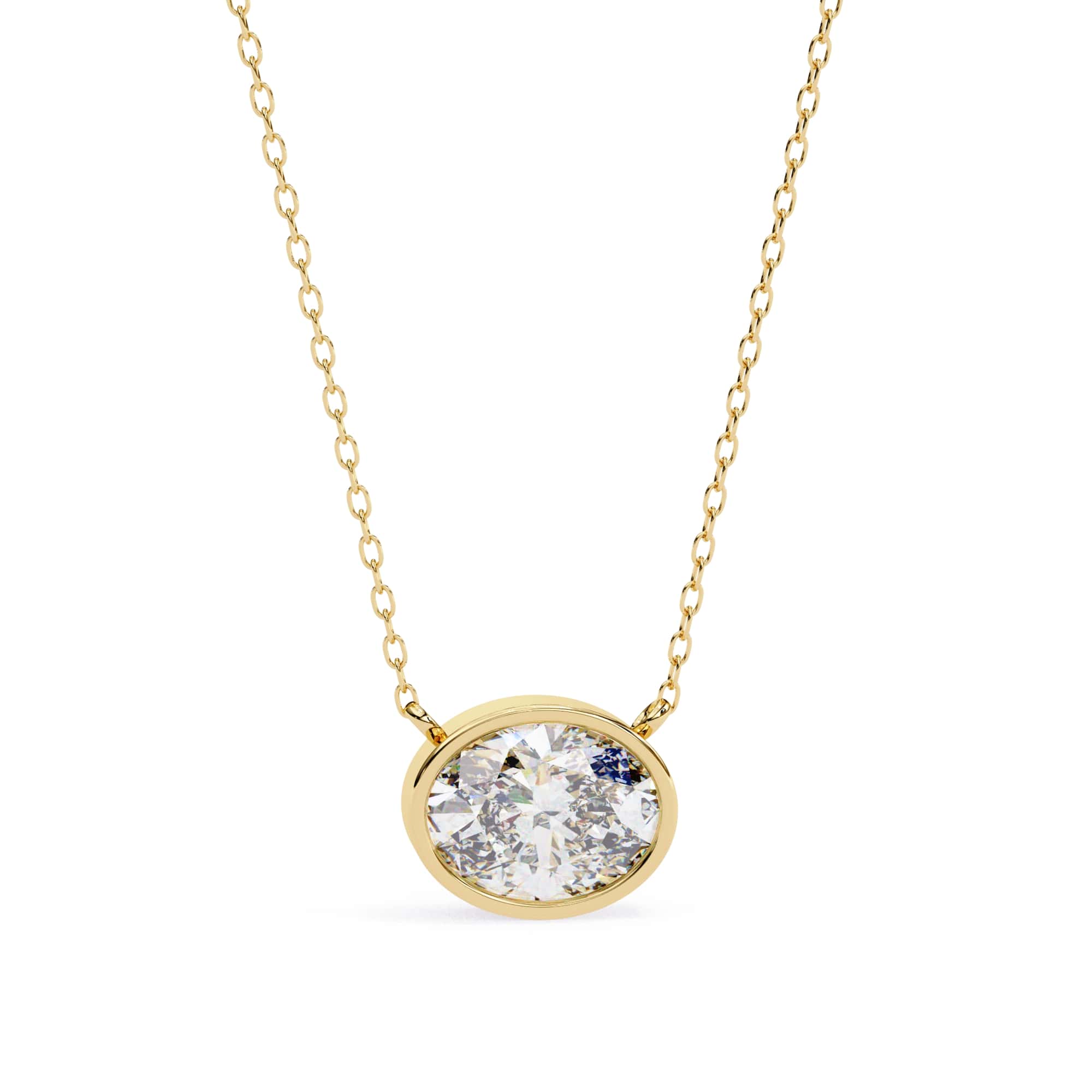 Gold necklace with a diamond pendant on a white background