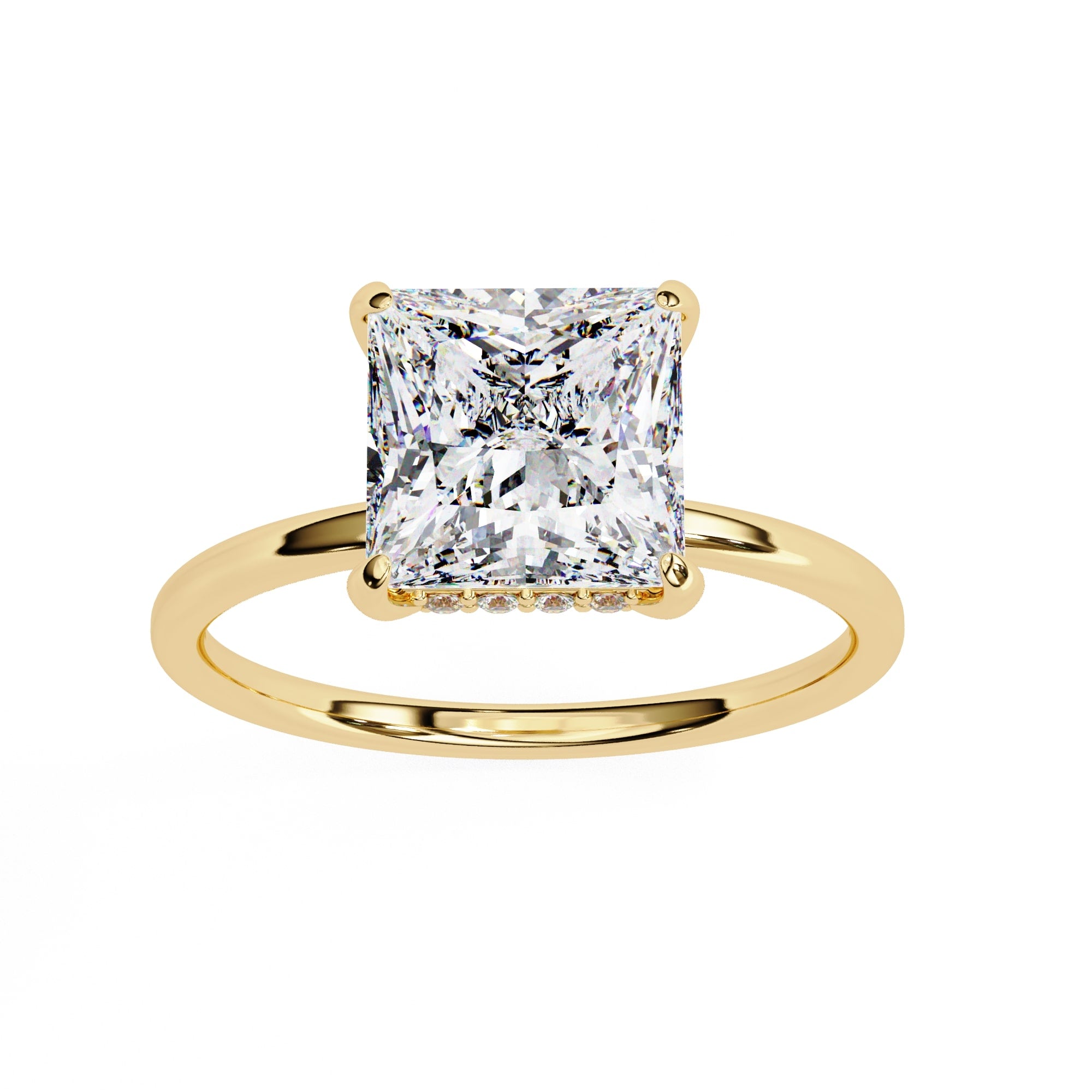Gold ring with a large square-cut diamond on a white background
