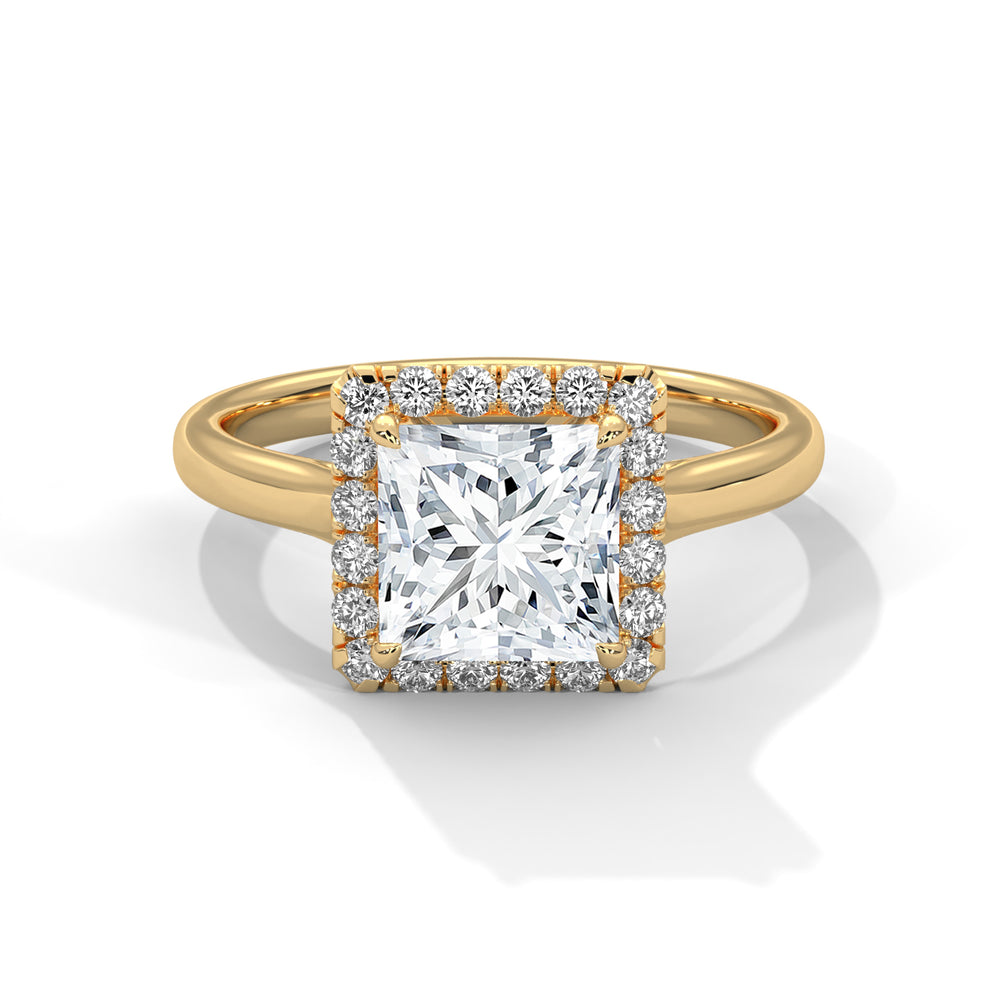 Gold ring with a large diamond and smaller diamonds around on a white background