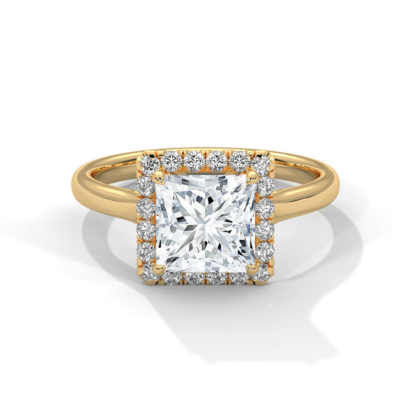 Gold ring with a large diamond and smaller diamonds around on a white background