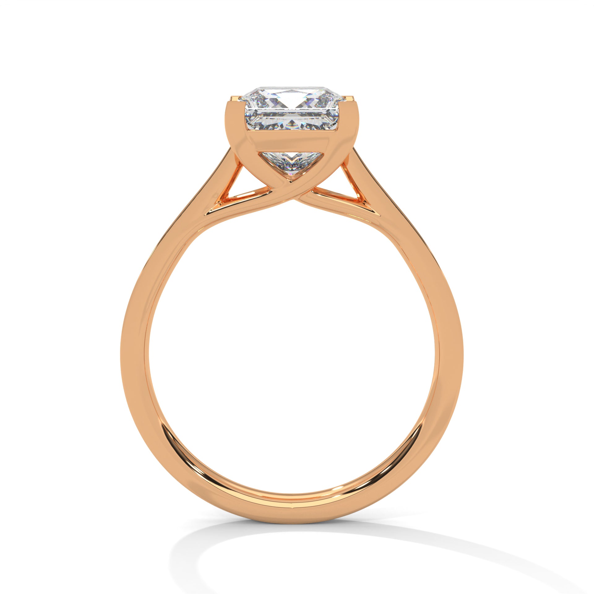Rose gold ring with a diamond on a white background