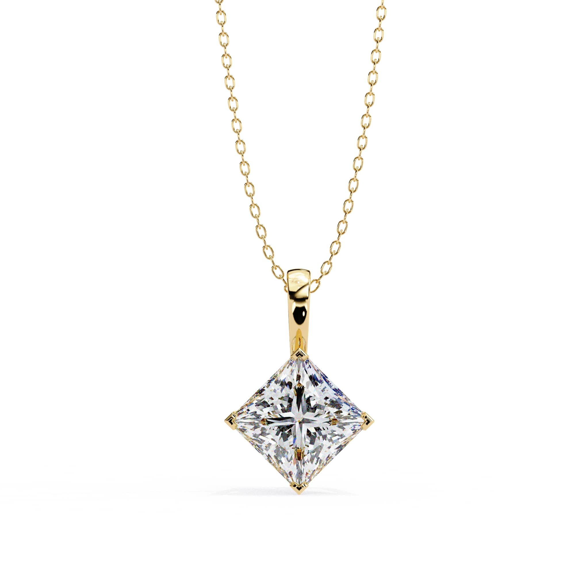 Gold necklace with a diamond pendant on a white background