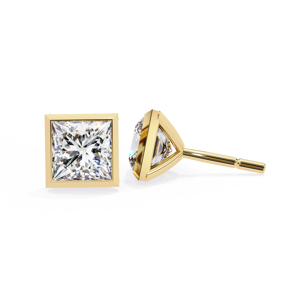 Yellow Gold stud earrings with square and Square cut diamonds 
