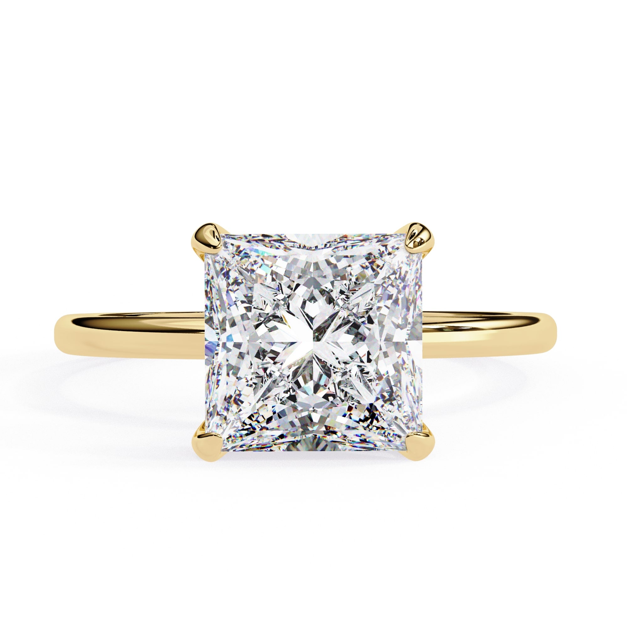 Gold ring with a large diamond on a white background