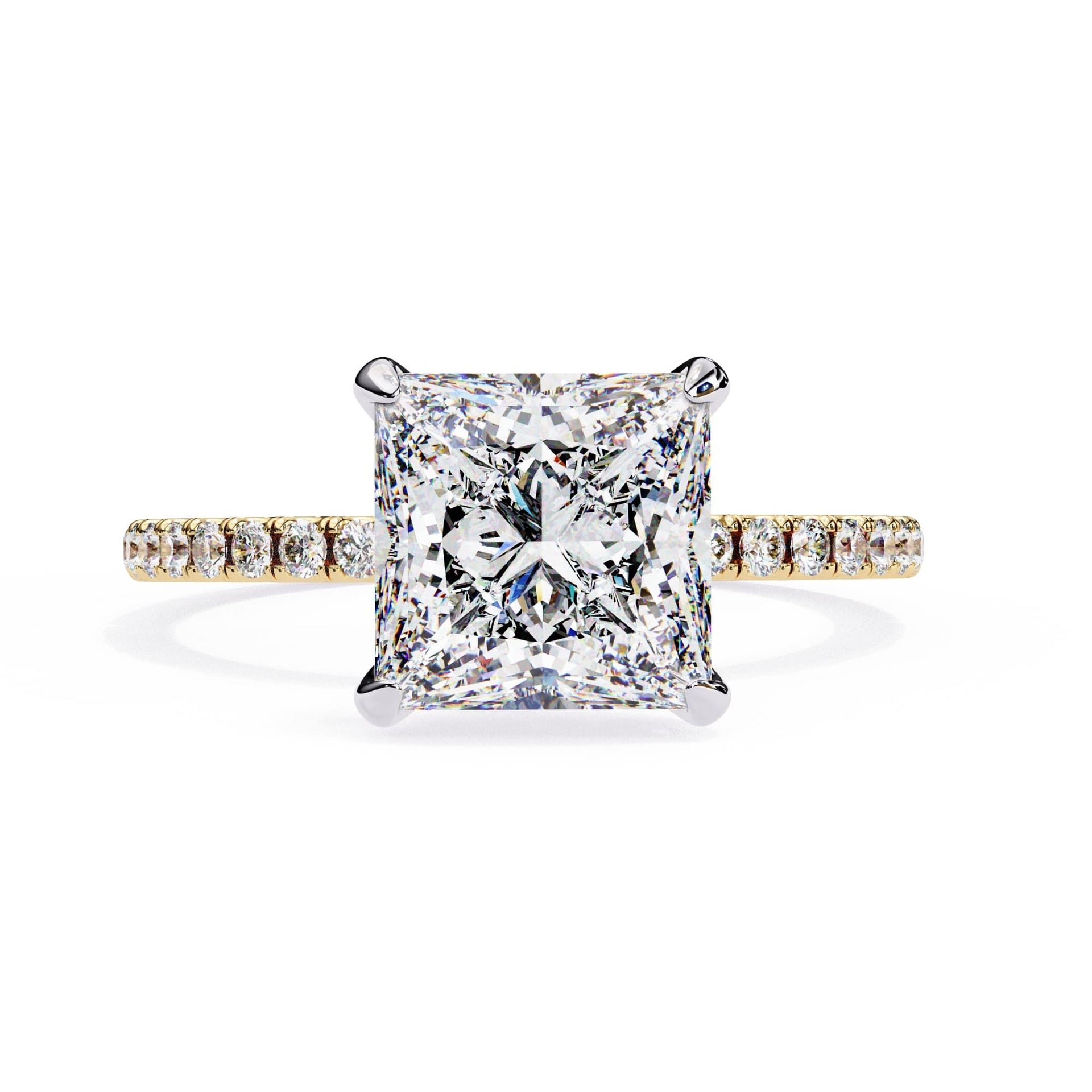 Diamond ring with a square-cut center stone on a white background