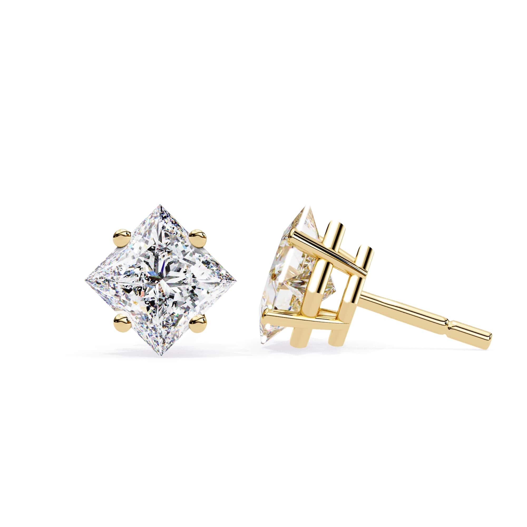 Gold and diamond stud earrings on a white background