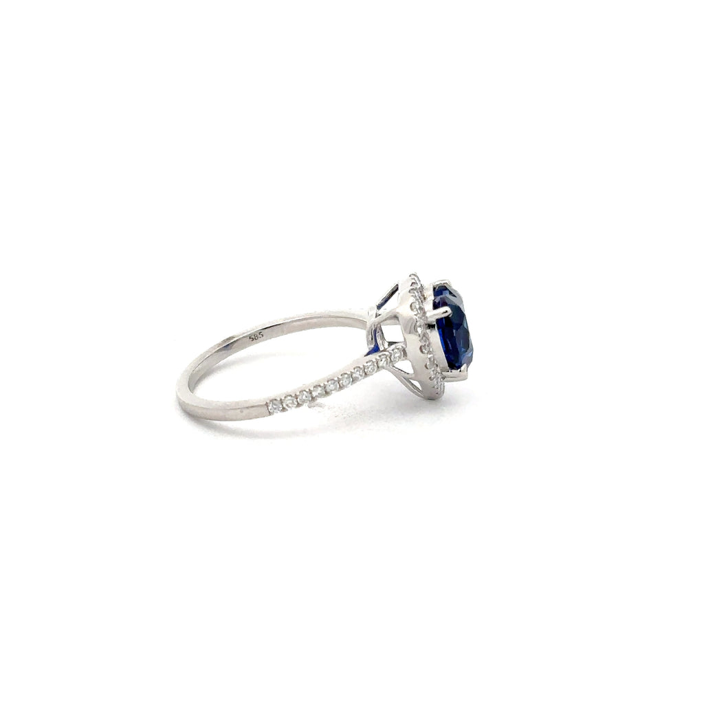 3 Carat Blue Sapphire Halo Ring For Women in 18K Gold