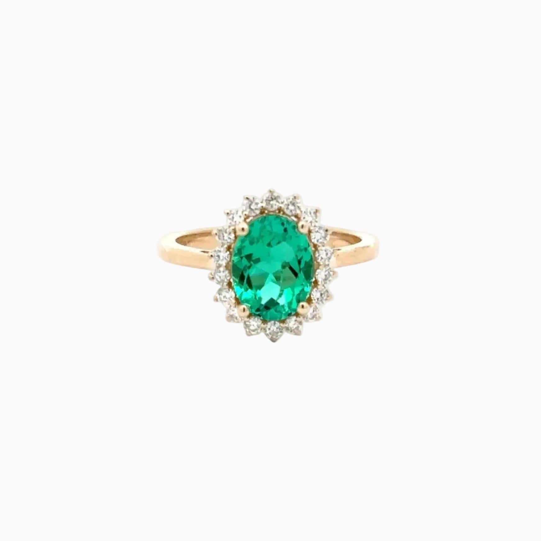2 Carat Oval Cut Emerald Green Gemstone Halo Ring in 14K Gold