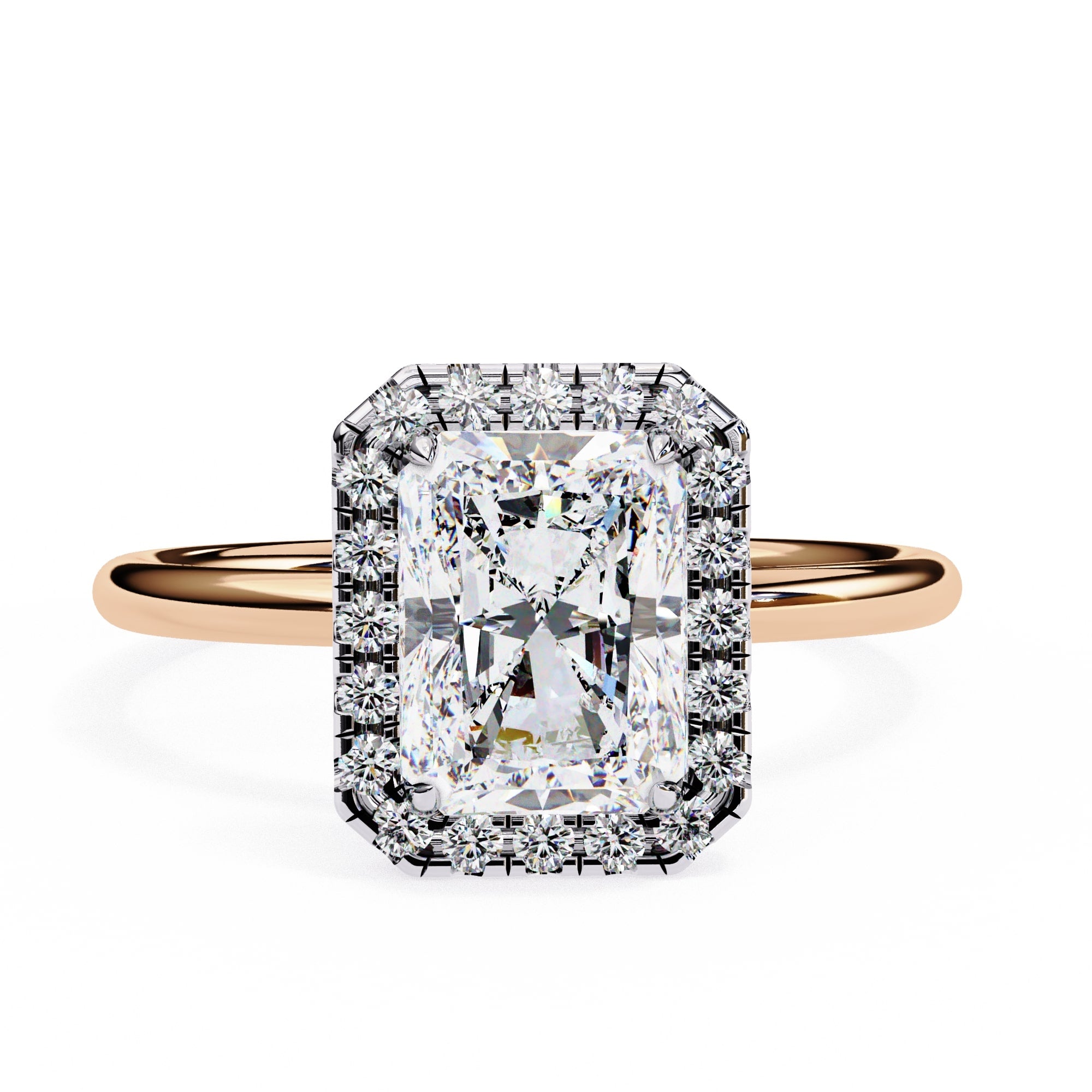 Rose gold ring with a large diamond and smaller diamonds on a white background