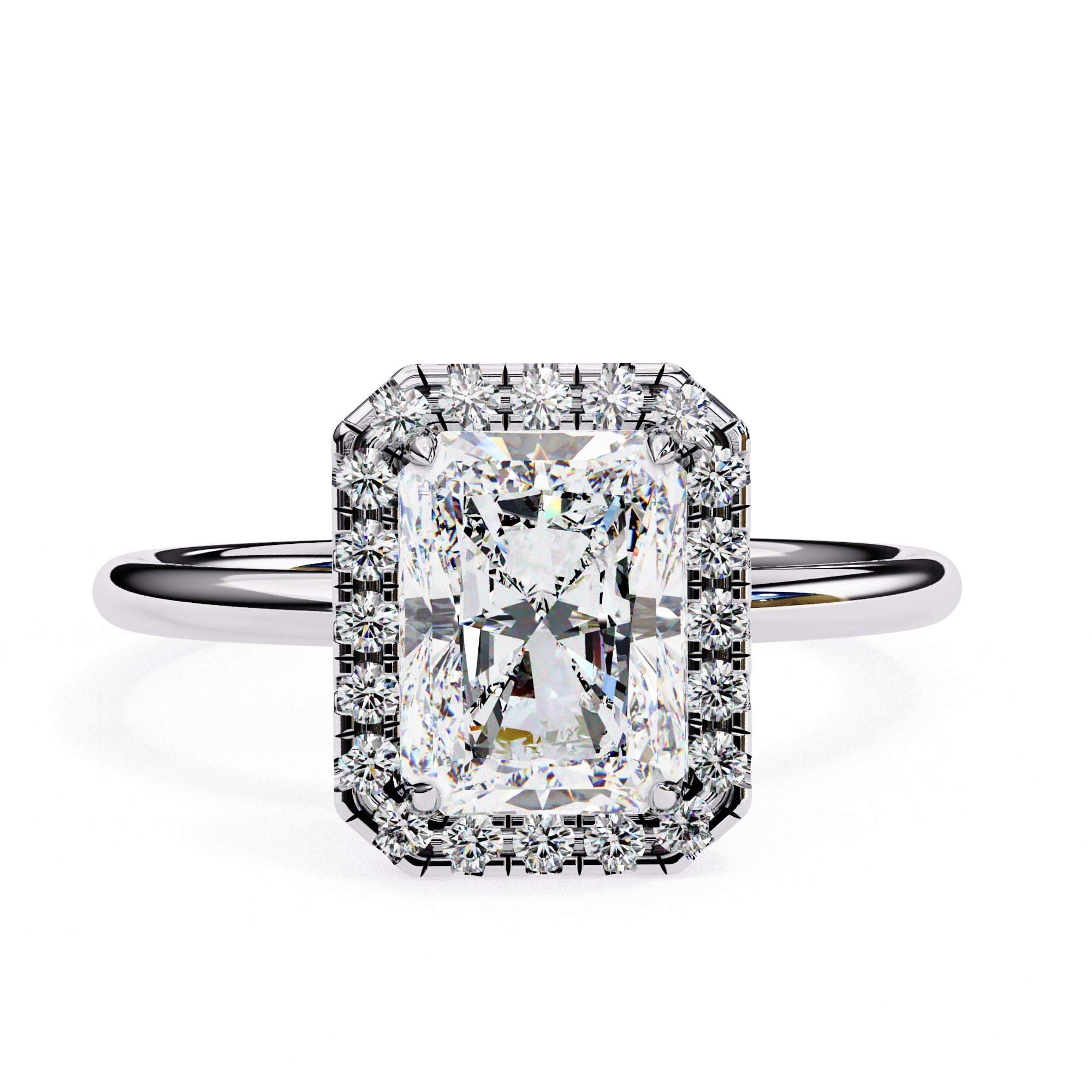Diamond ring with a rectangular cut gemstone on a white background