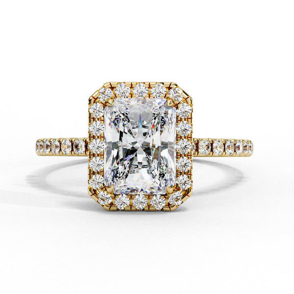 Gold ring with a large diamond and smaller diamonds on a white background