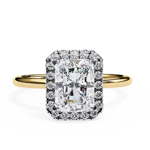 Gold ring with a large diamond and smaller diamonds on a white background
