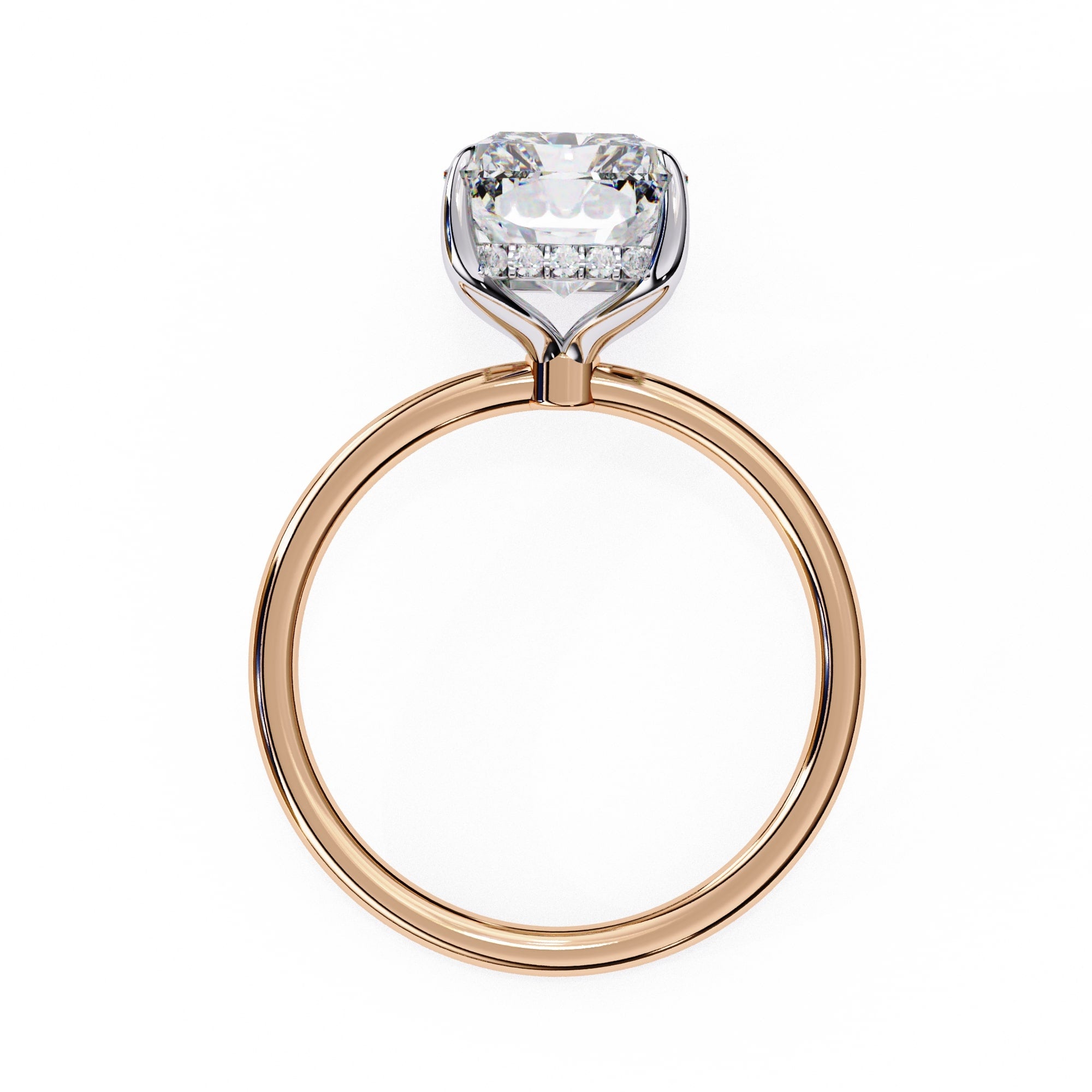 2.53 carat hidden halo radiant cut lab diamond rose gold engagement ring.
