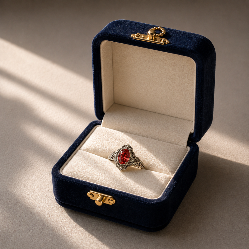 Ring with a red gemstone in a blue velvet box on a beige surface