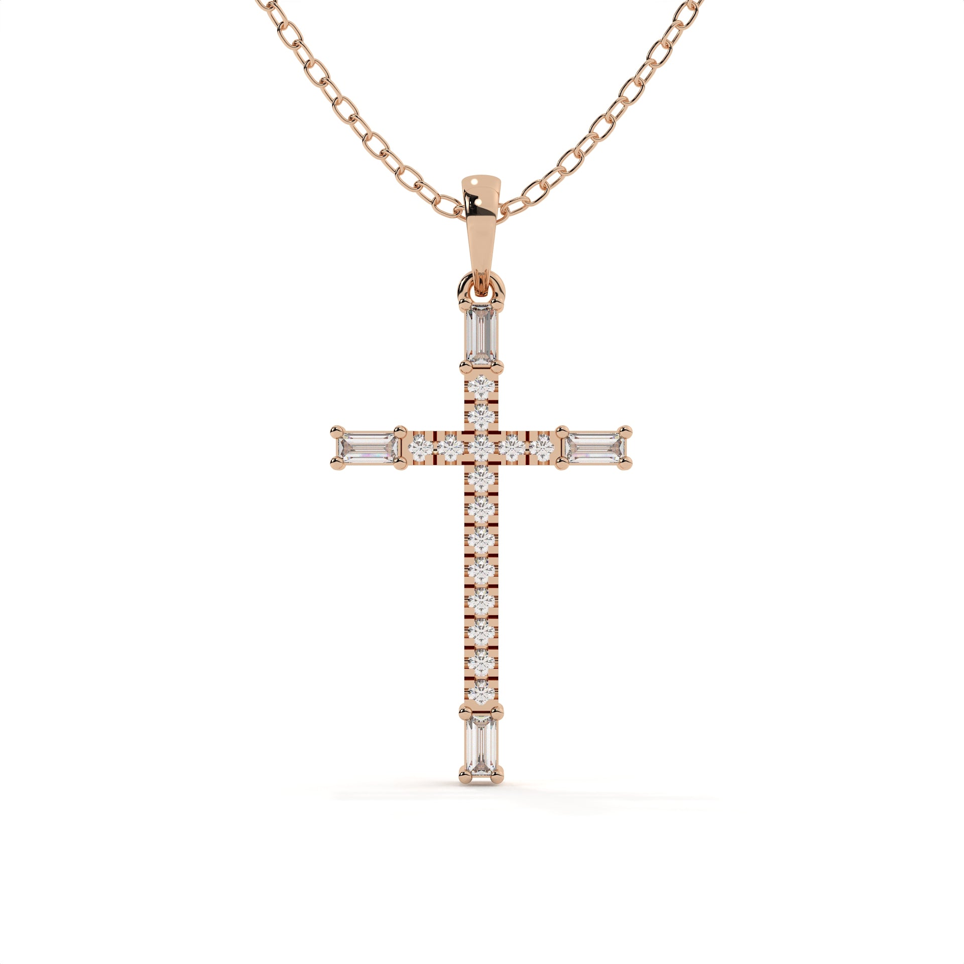 Round and baguette cut lab grown diamond Christ cross pendant in Rose gold with a polished finish and matching gold chain.