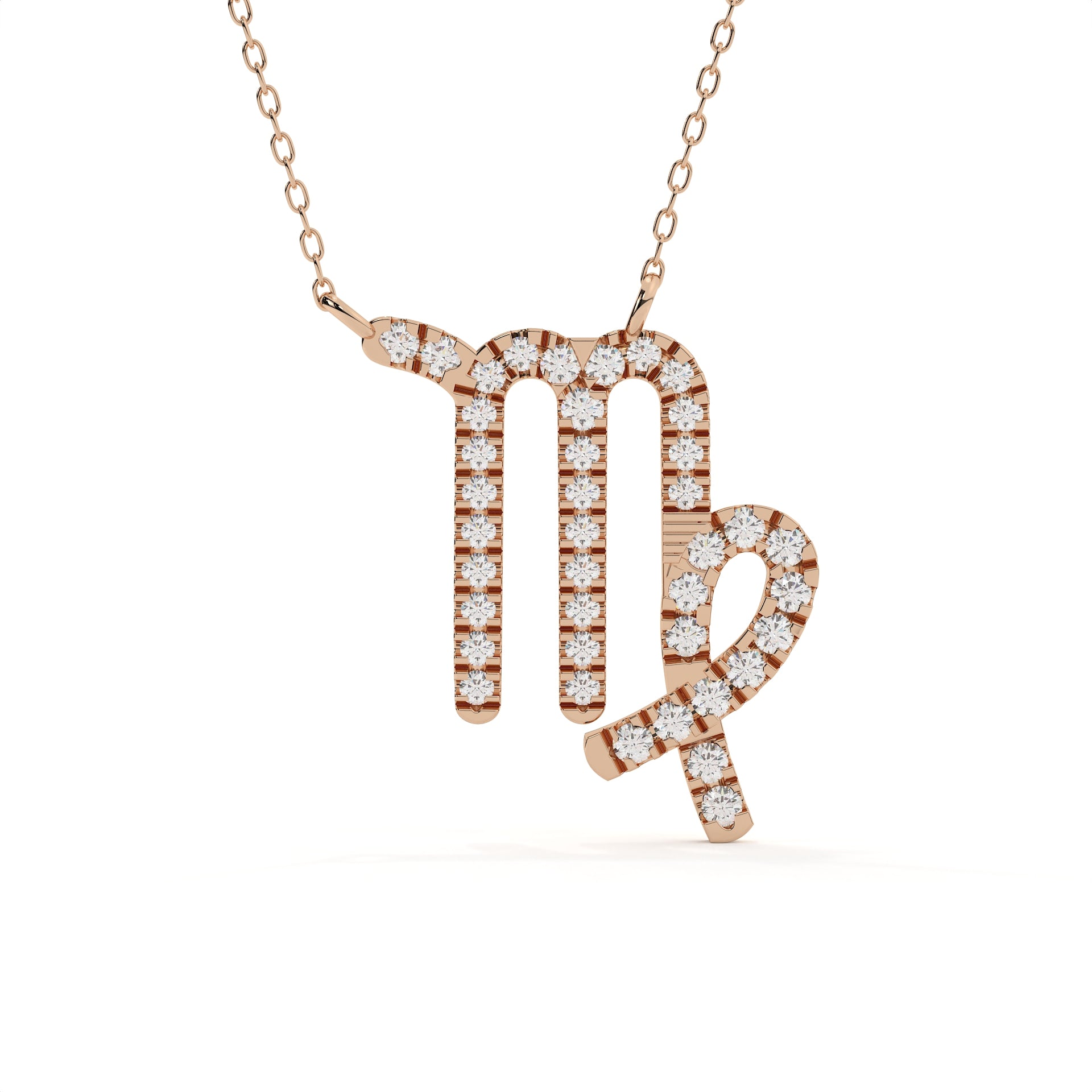 Rose gold Virgo zodiac necklace with diamonds on a white background