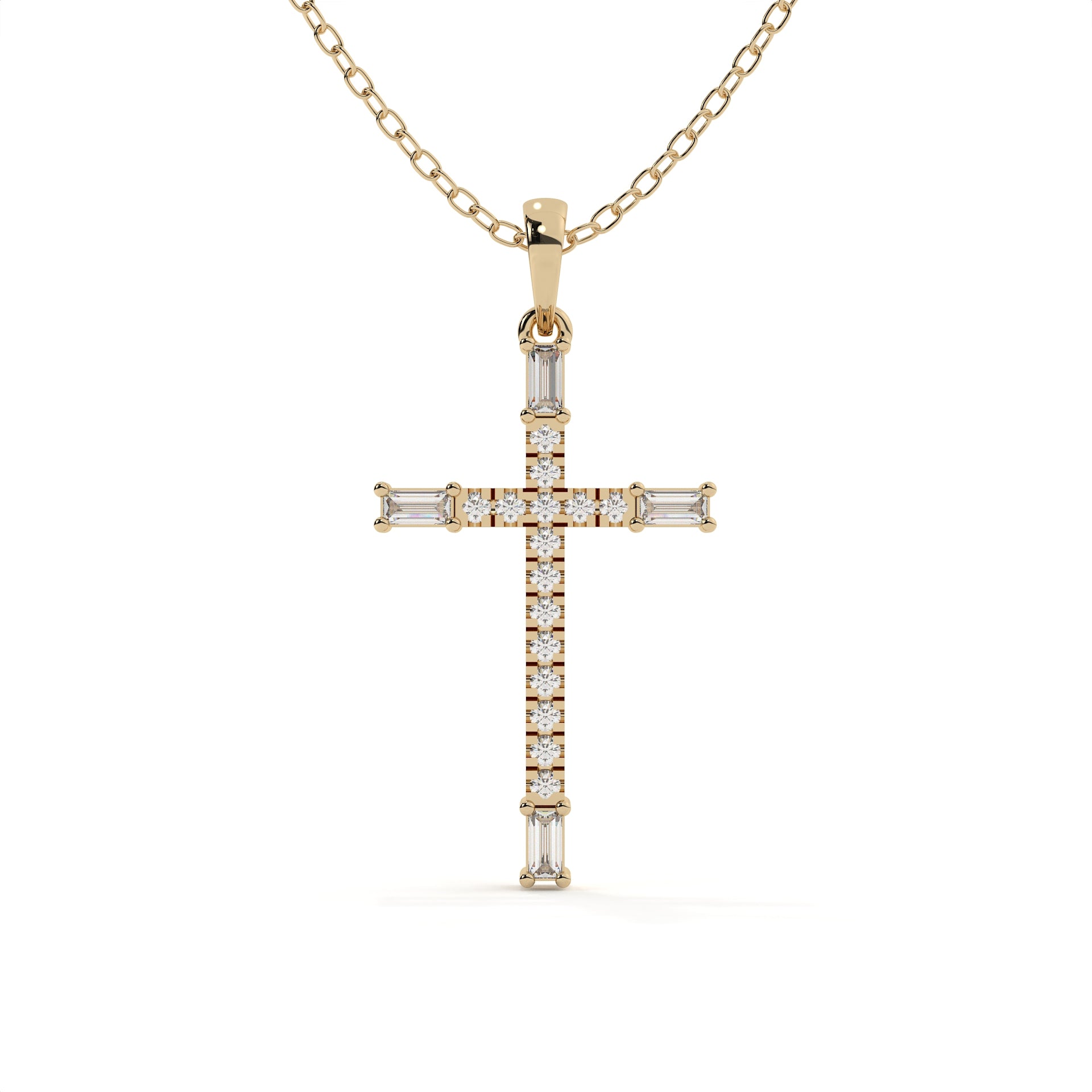 Yellow gold Christ pendant featuring round and baguette cut lab grown diamonds on a matching gold necklace.