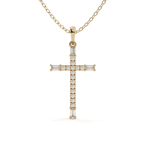 Yellow gold Christ pendant featuring round and baguette cut lab grown diamonds on a matching gold necklace.