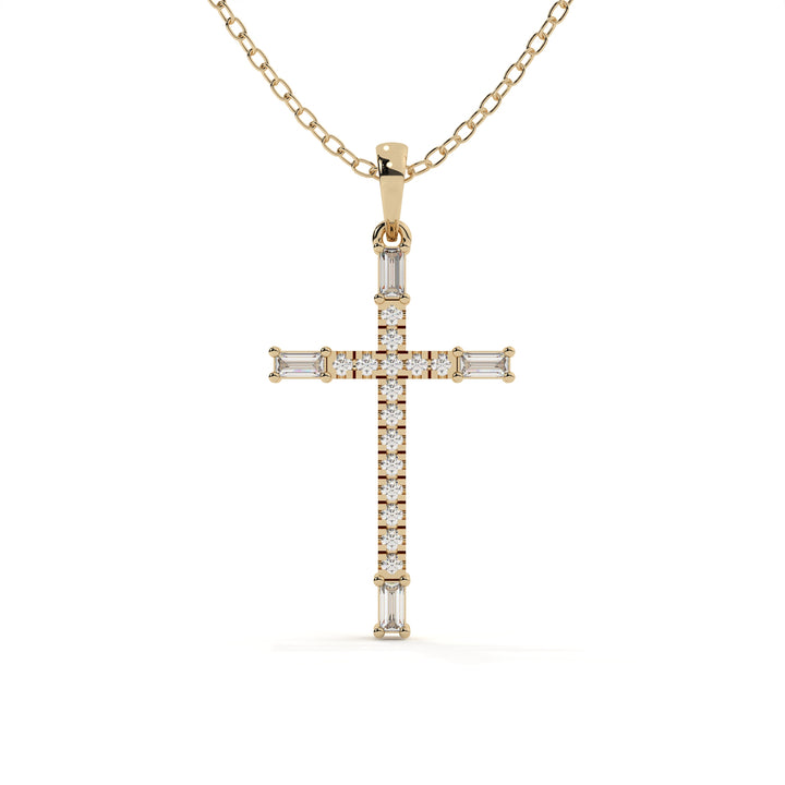 Yellow gold Christ pendant featuring round and baguette cut lab grown diamonds on a matching gold necklace.