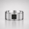 Round cut black diamond men's wedding band featuring a brushed white gold band with a square black diamond cluster centerpiece.