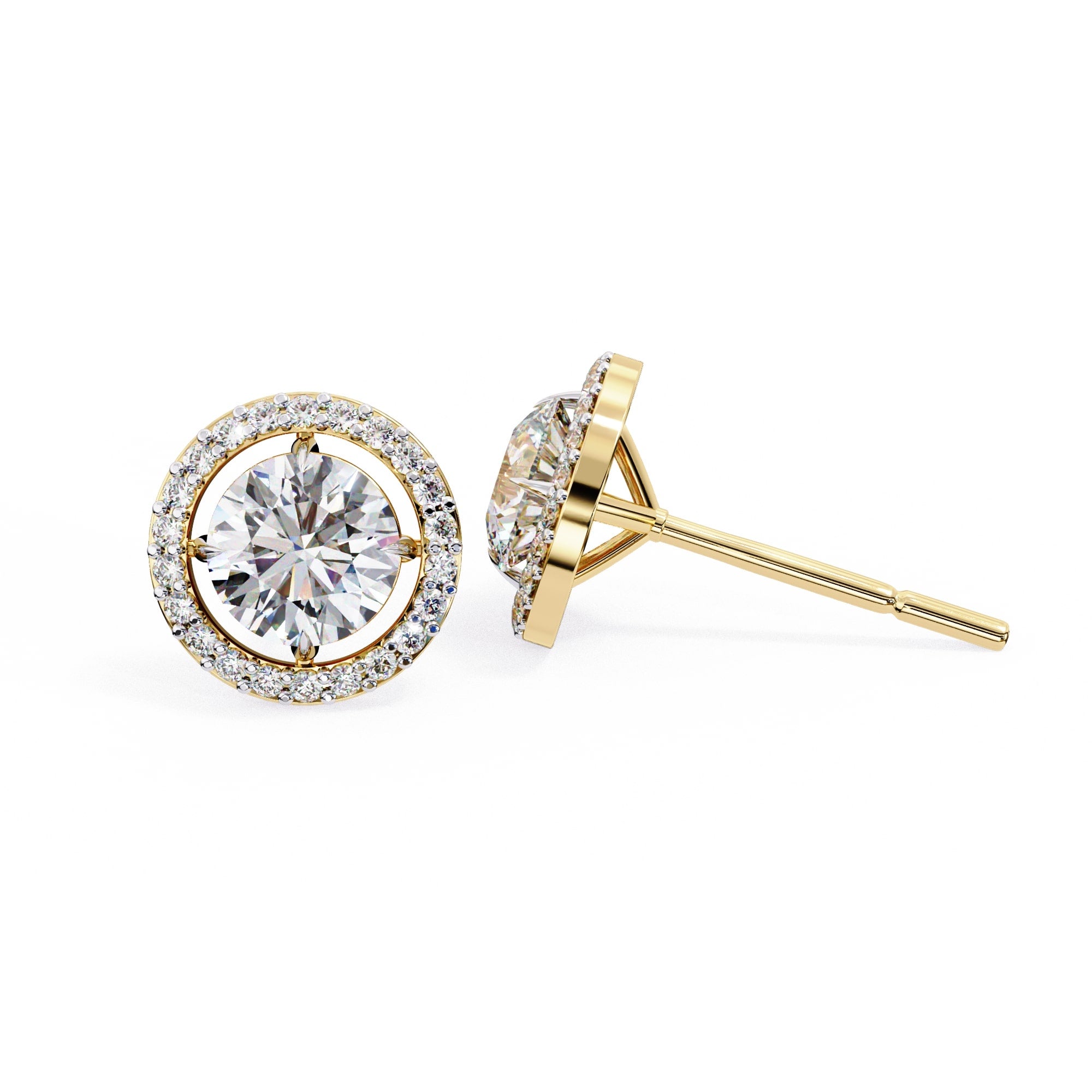 Gold diamond stud earrings on a white background