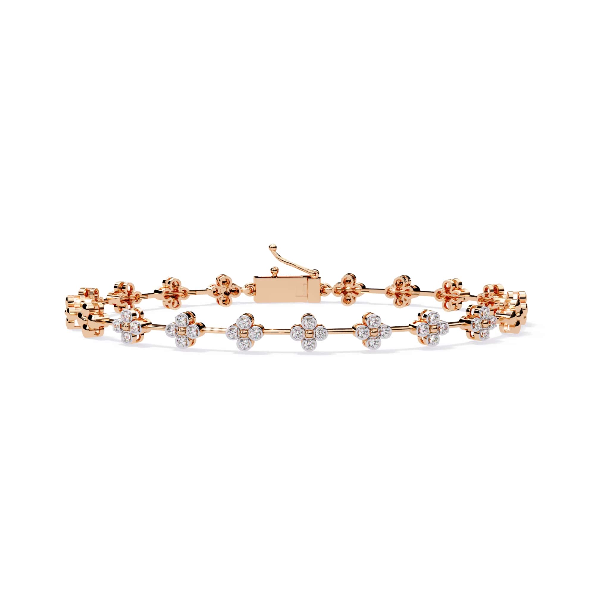 Rose gold bracelet with diamond accents on a white background
