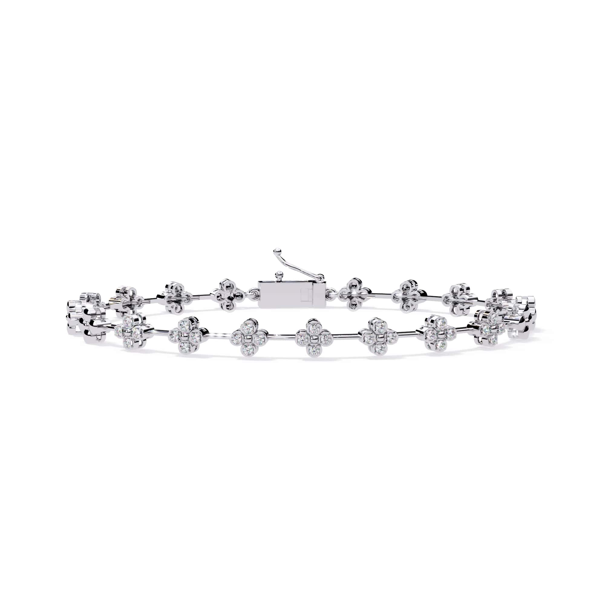 White gold bracelet with floral designs on a white background