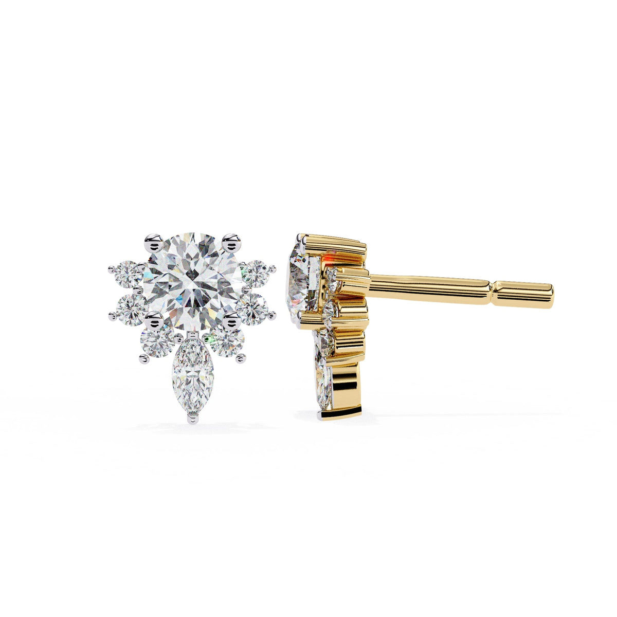 Round And Marquise Yellow Gold diamond earrings  